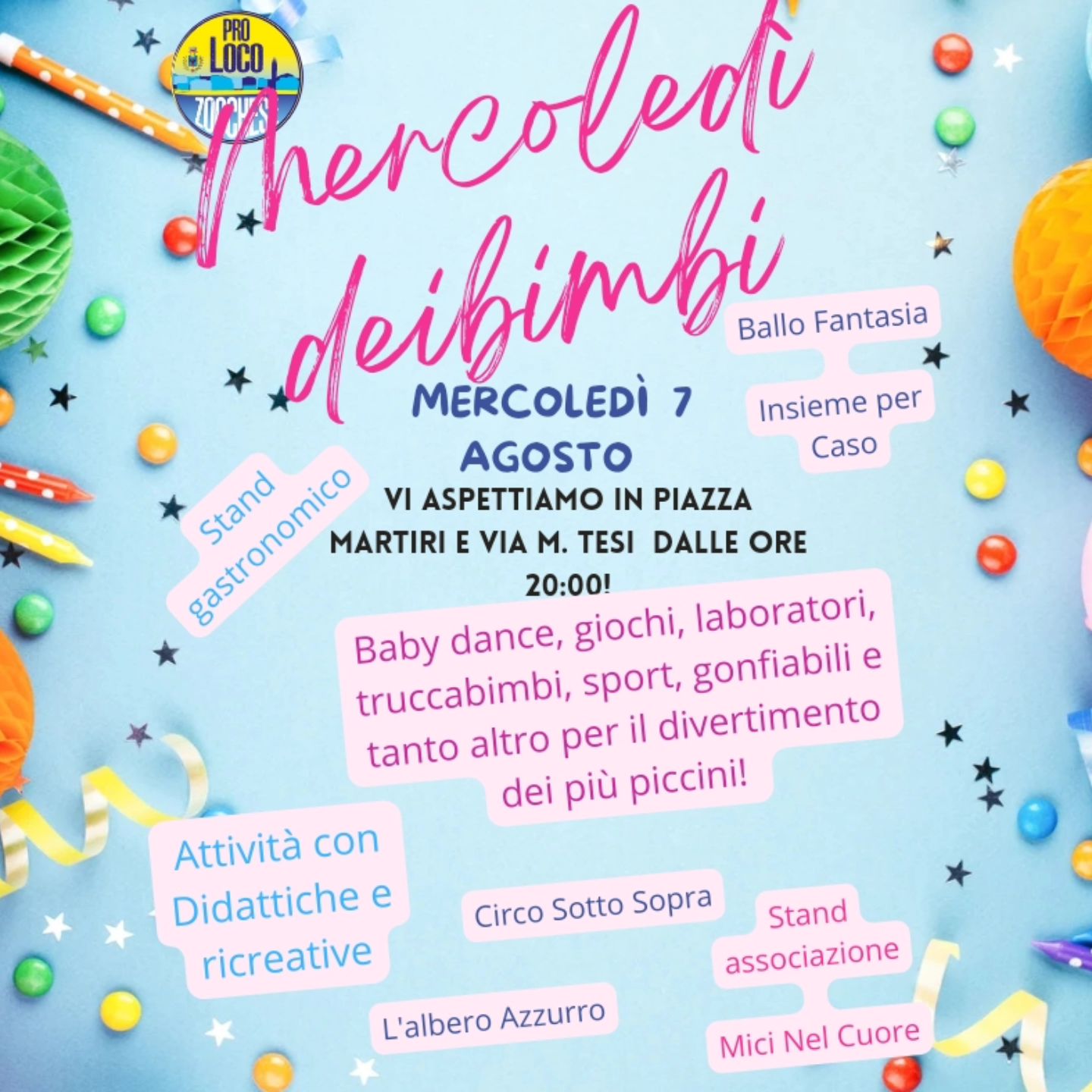 🪅🧩🧸Questa sera vi aspettiamo tutti per lultimo Mercoledì dei Bimbi!! 💃🎶🎉

Alle 2100 In Piazza Martiri spettacolo e laboratorio circense con circosottosopra🎪

E non mancheranno giochi attività ludiche e baby dance con  ballo Fantasia insieme_per_caso_  lungo via M Tesi 🪅💃🎶🎉🧸
Vi aspettiamo stasera!!!!